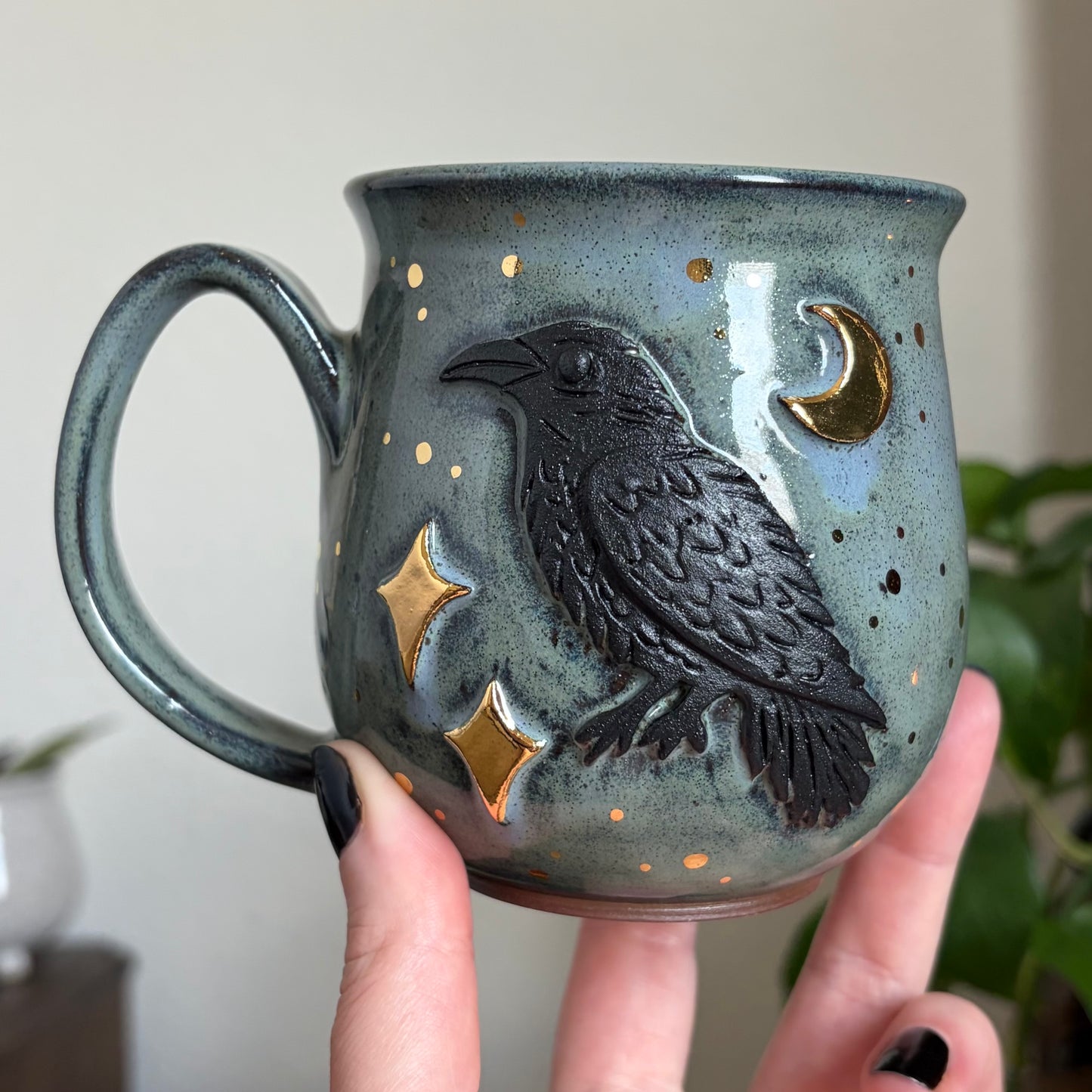 Raven + Stars Mug • Drippy Moody Blue Glaze • 13 fl oz
