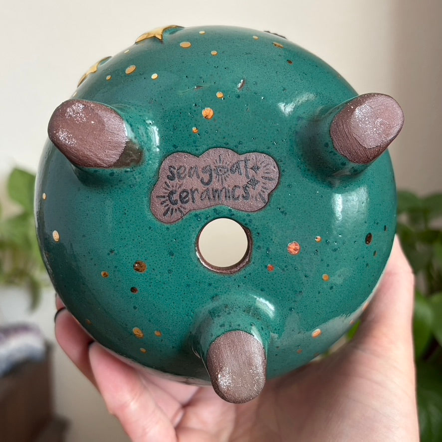Celestial Raven Cauldron Planter • Emerald Glaze • Drainage