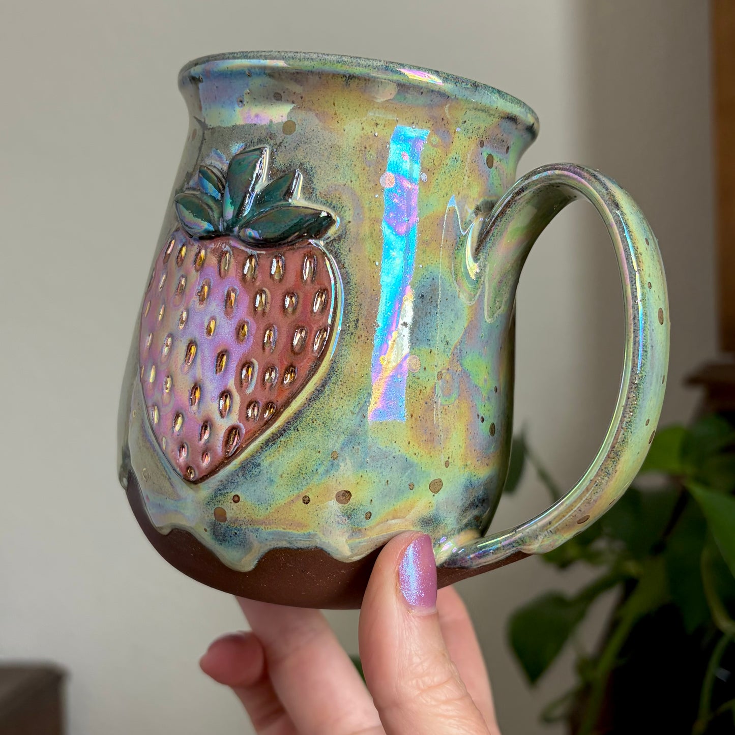 Pink Strawberry Mug • Drippy Aura Meadow Glaze • 15 fl oz