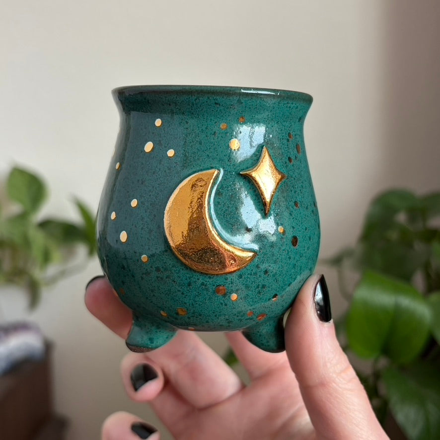 Moon + Star Mini Ritual Cauldron • Emerald Glaze