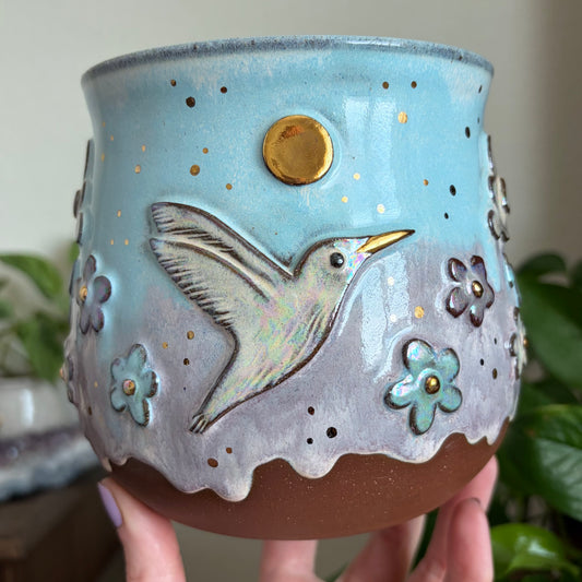 Hummingbird + Rain Clouds Wrap Around Design Large Planter • Drippy Cotton Candy Sky Glaze • Drainage
