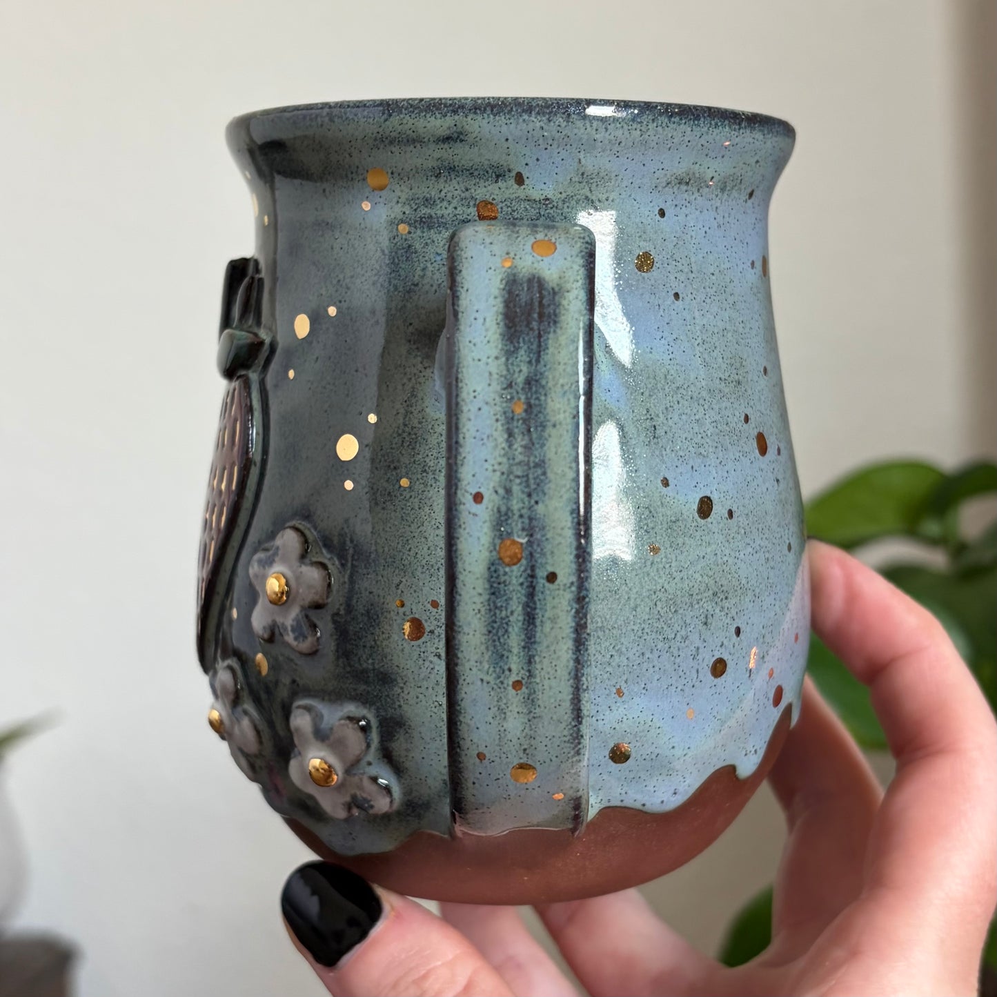 Strawberry + Flowers Mug • Drippy Moody Blue Glaze • 18 fl oz