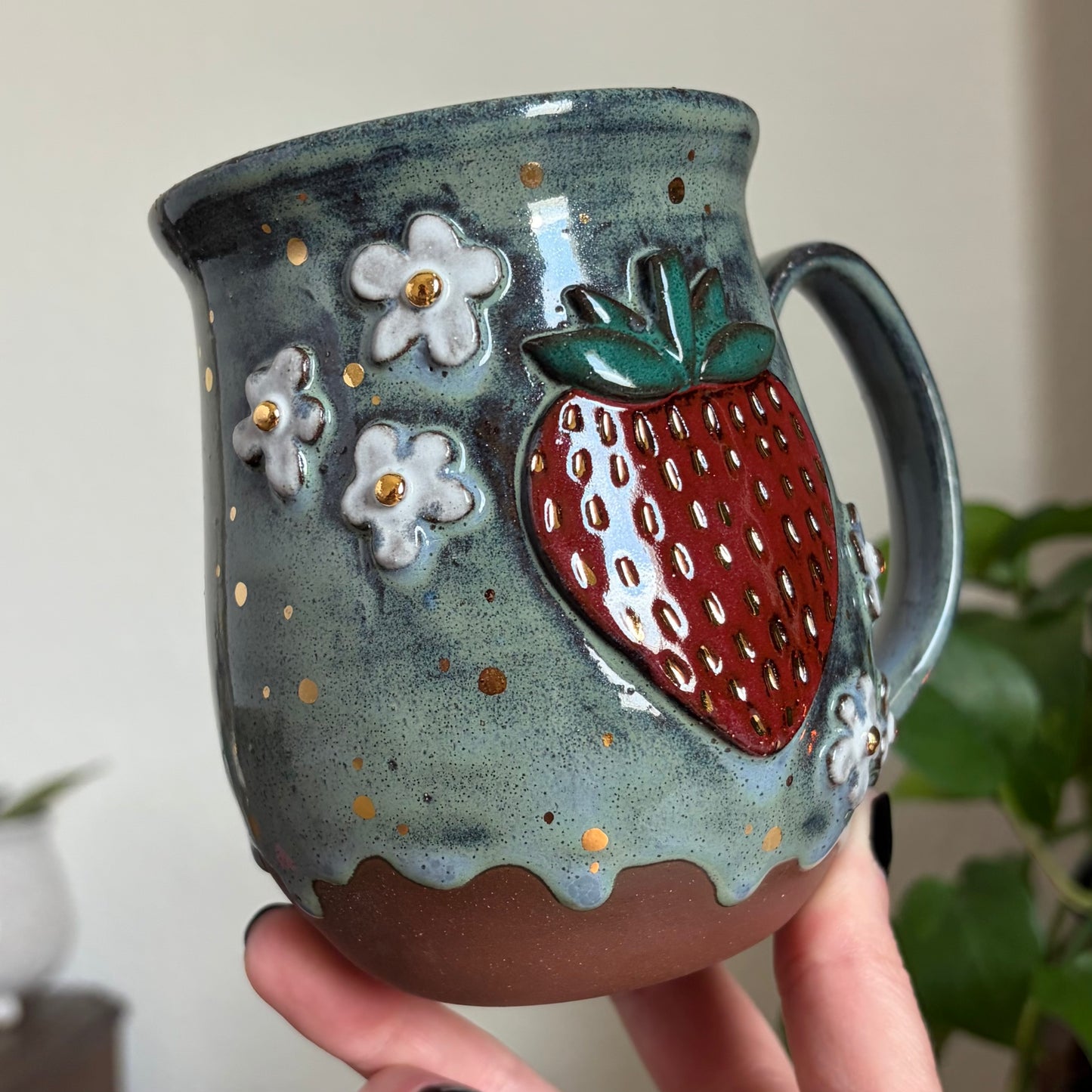 Strawberry + Flowers Mug • Drippy Moody Blue Glaze • 18 fl oz