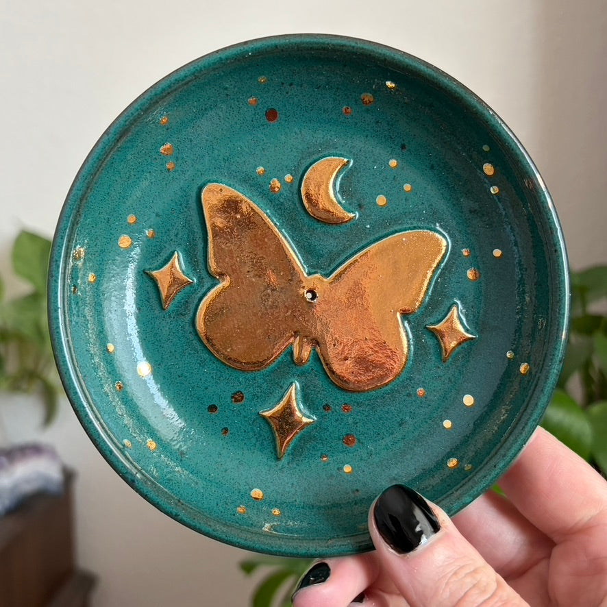 Celestial Golden Butterfly Incense Holder • Emerald Glaze