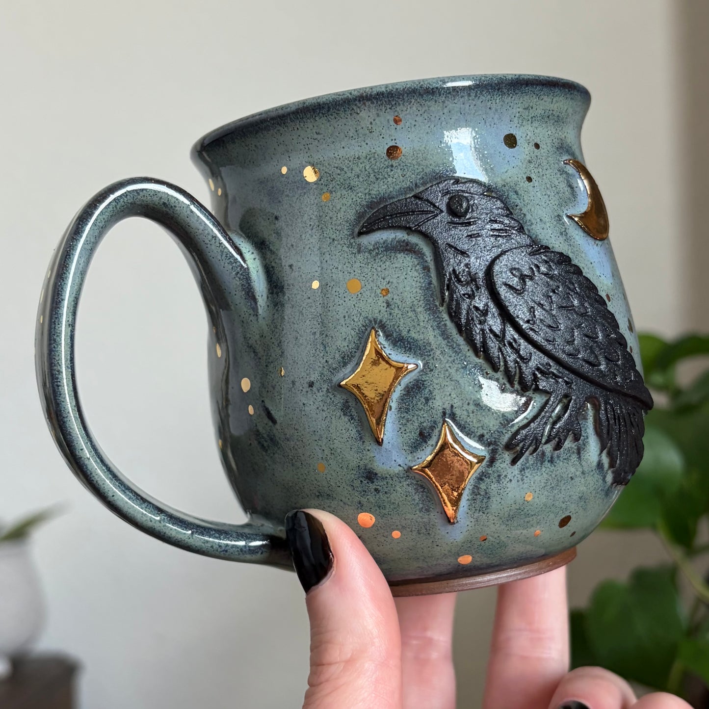 Raven + Stars Mug • Drippy Moody Blue Glaze • 13 fl oz