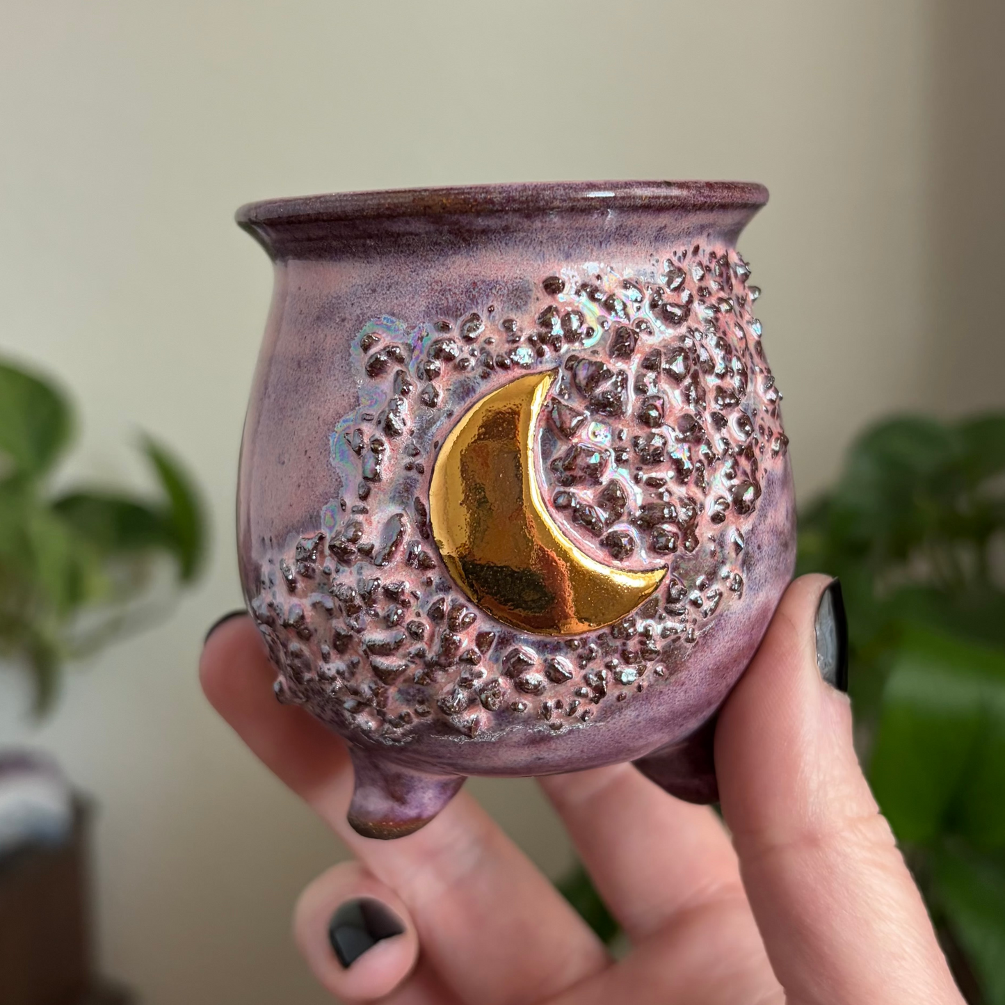 Crystal Crescent Moon Mini Ritual Cauldron • Bubblegum Glaze