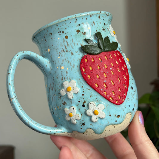 Strawberry + Flowers Mug • Drippy Bright Blue Glaze • 15 fl oz