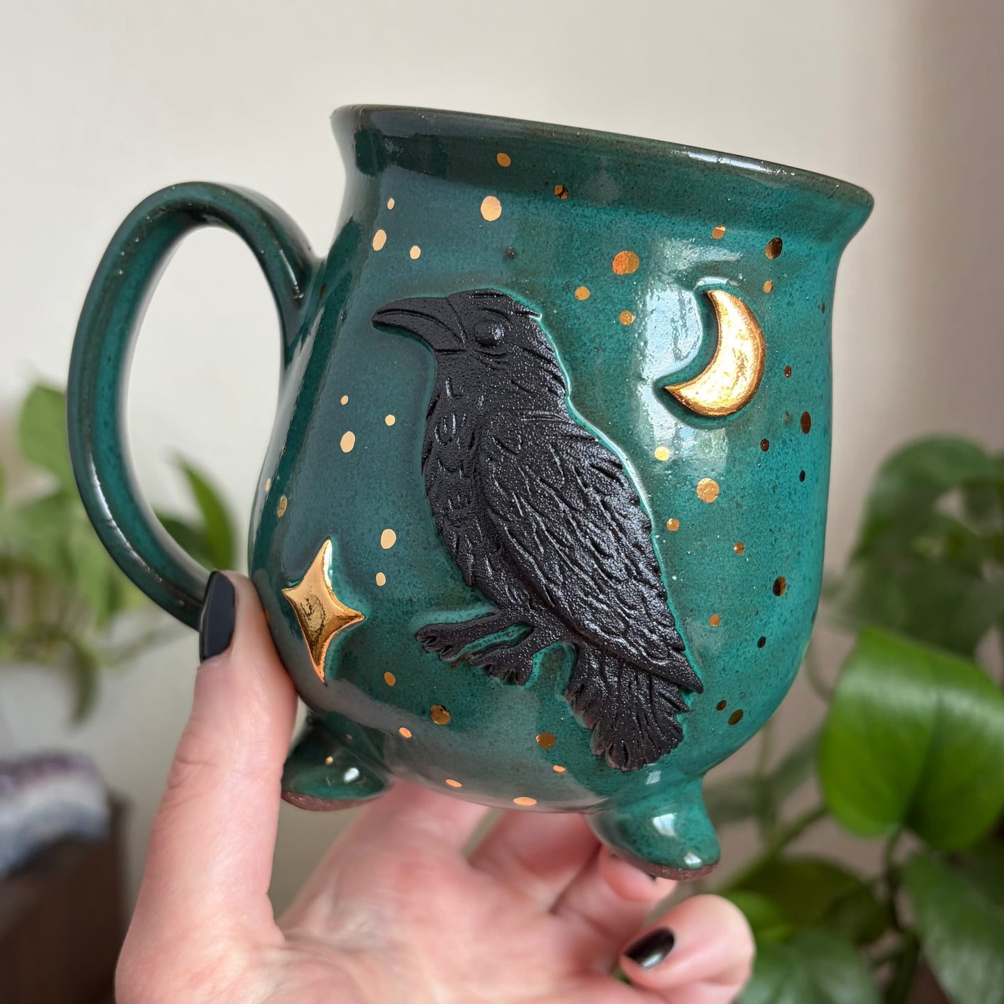 Raven Cauldron Mug • Emerald Glaze • 15 fl oz