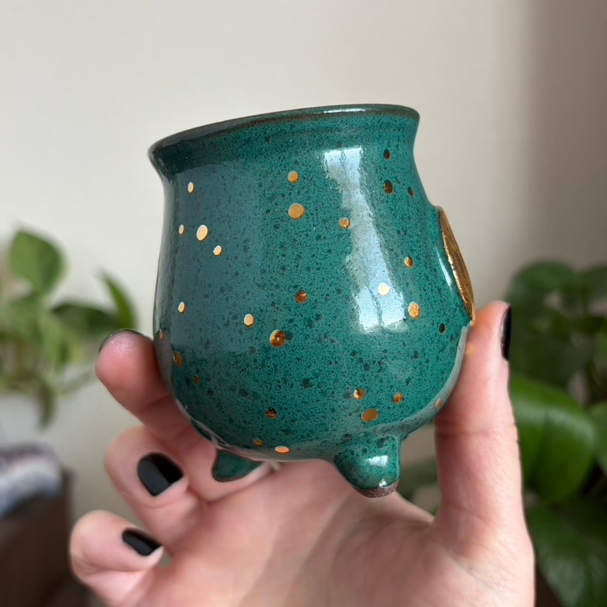 Moon + Star Mini Ritual Cauldron • Emerald Glaze