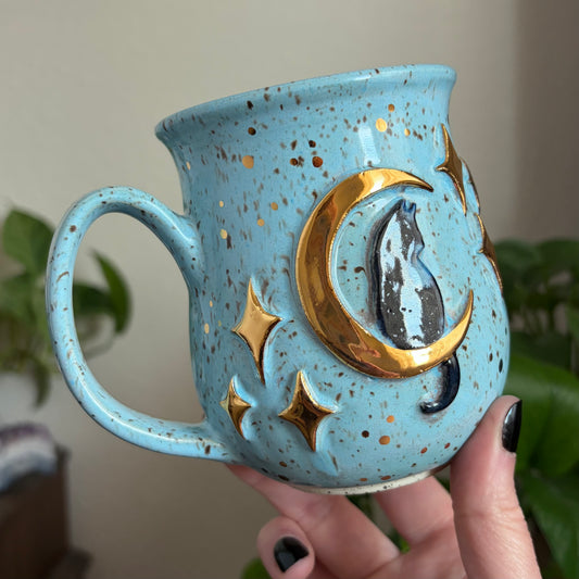 Cat in the Moon + Stars Mug • Sky Glaze • 15 fl oz