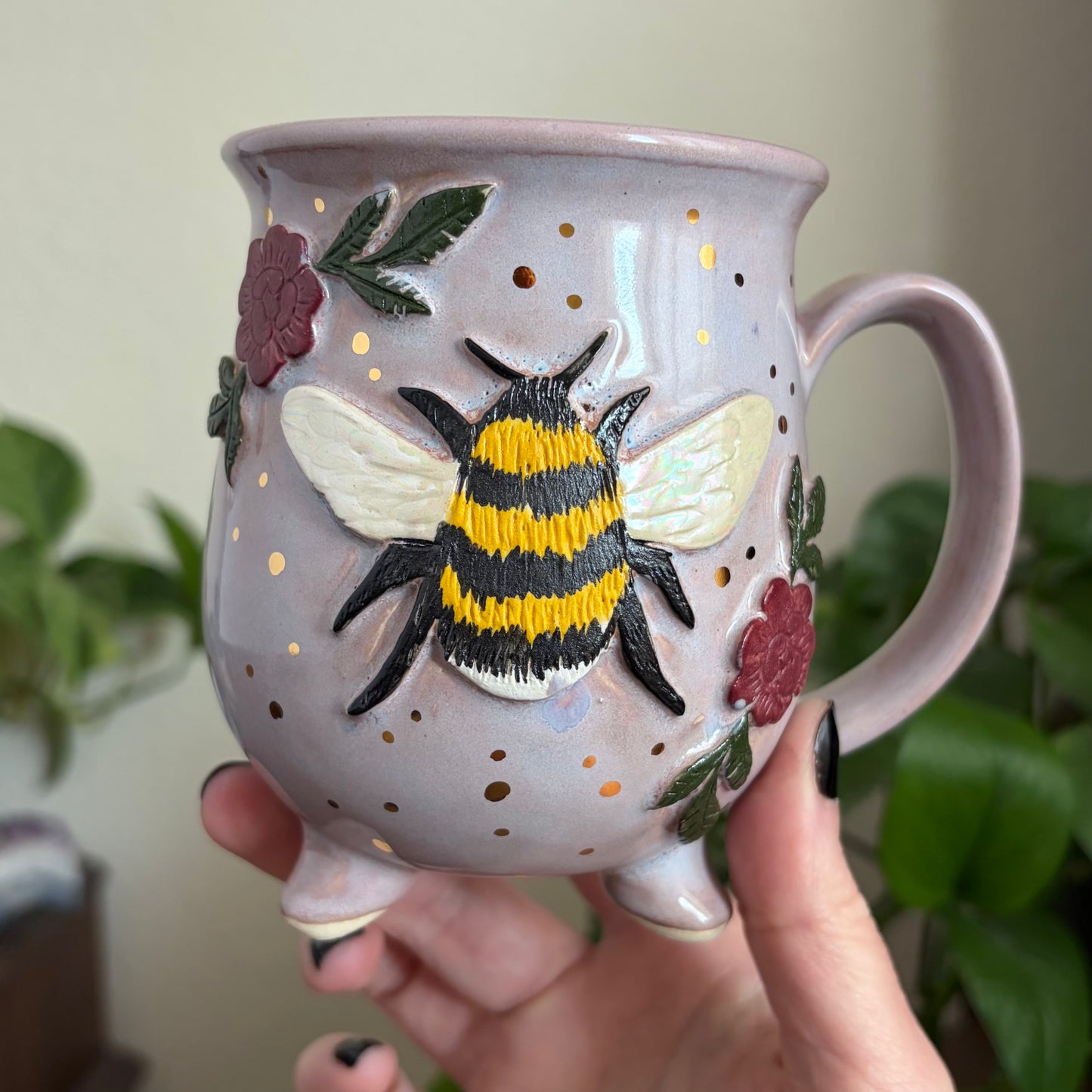 Bee + Peonies Cauldron Mug • Lavender Haze Glaze • 15 fl oz