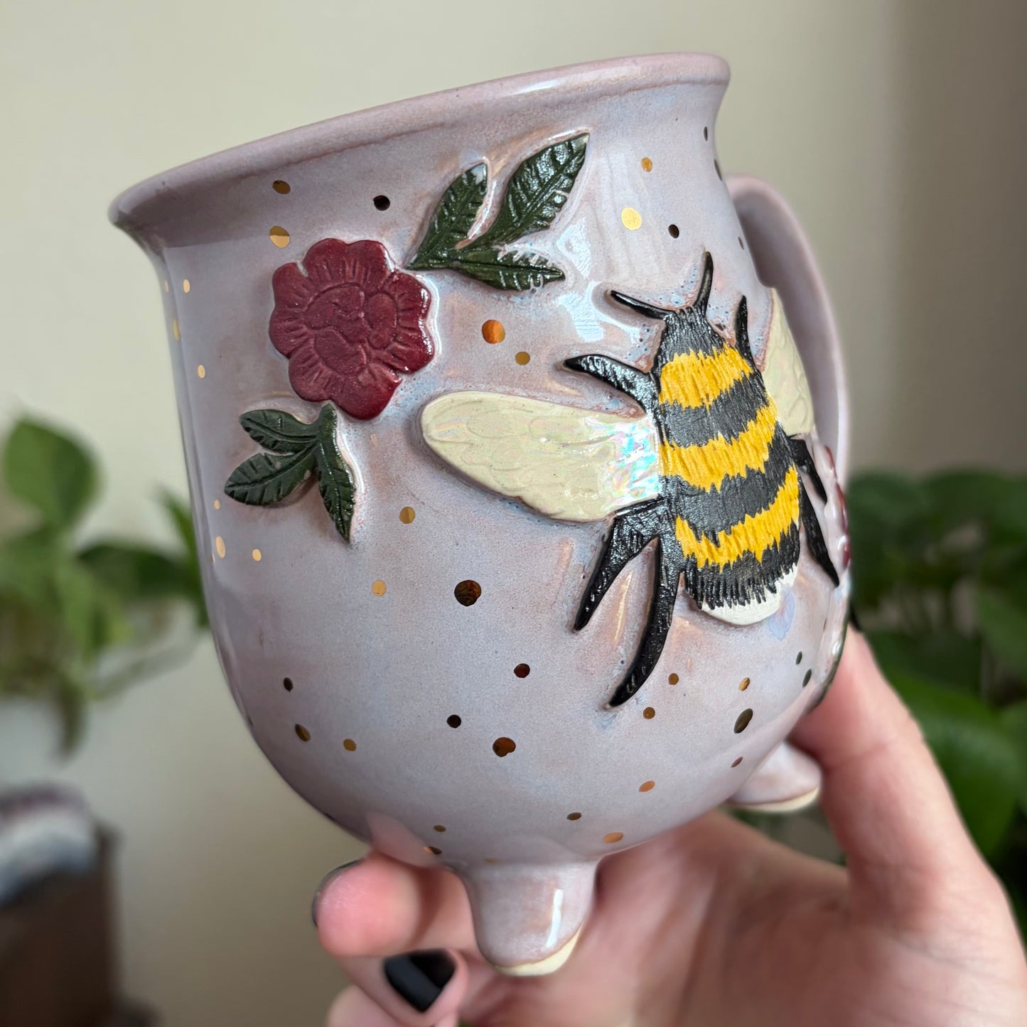 Bee + Peonies Cauldron Mug • Lavender Haze Glaze • 15 fl oz