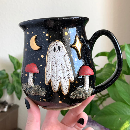 PRE-ORDER • Red Mushroom Ghost Mug • Raven Glaze *READ FULL DETAILS*