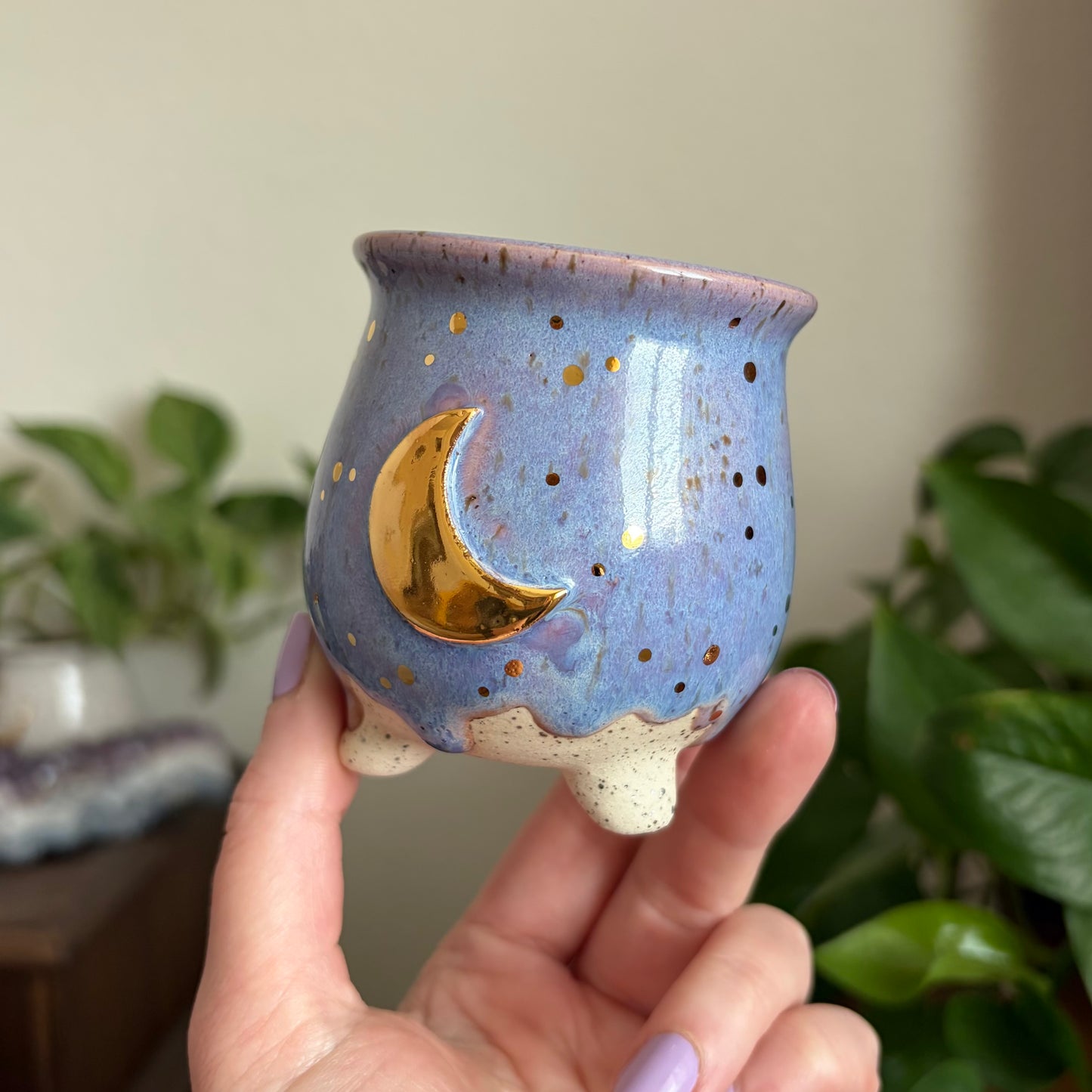Crescent Moon Mini Ritual Cauldron • Drippy Lavender Haze Glaze