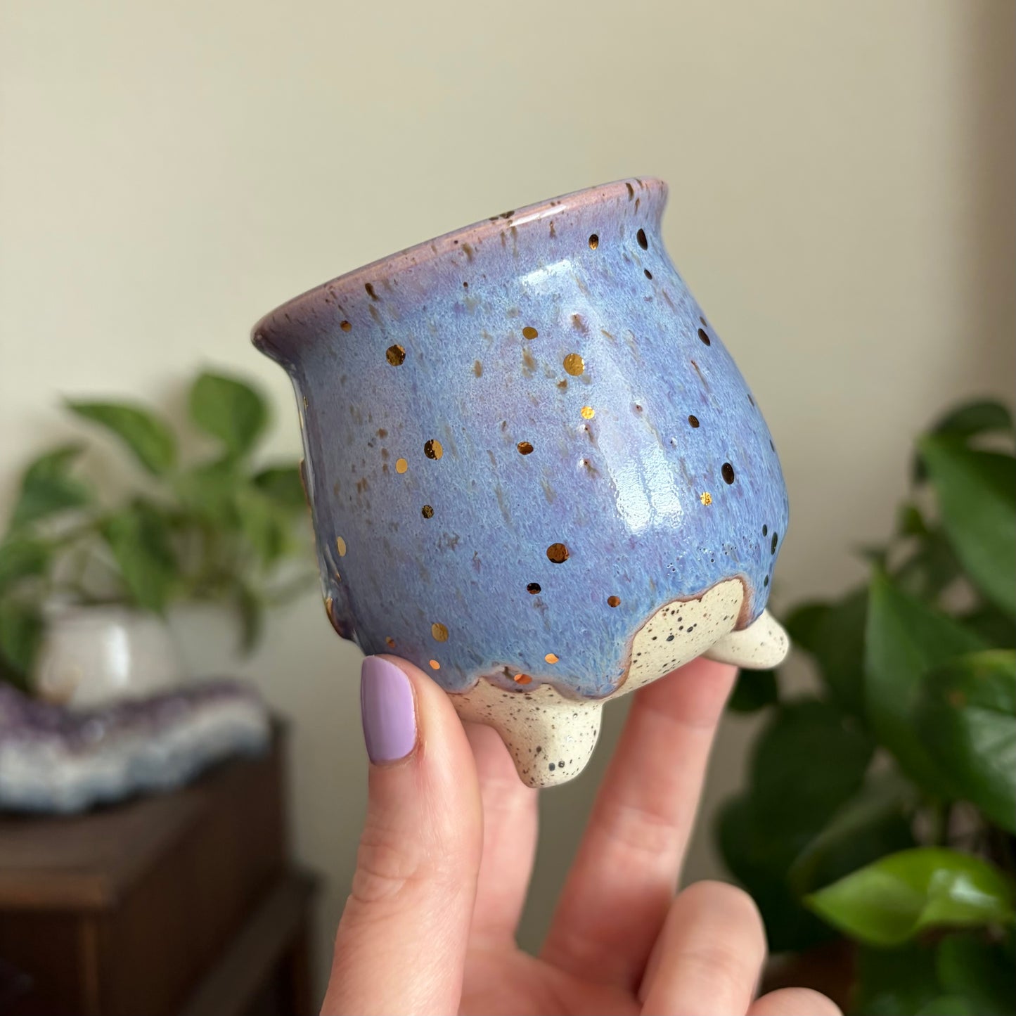 Crescent Moon Mini Ritual Cauldron • Drippy Lavender Haze Glaze