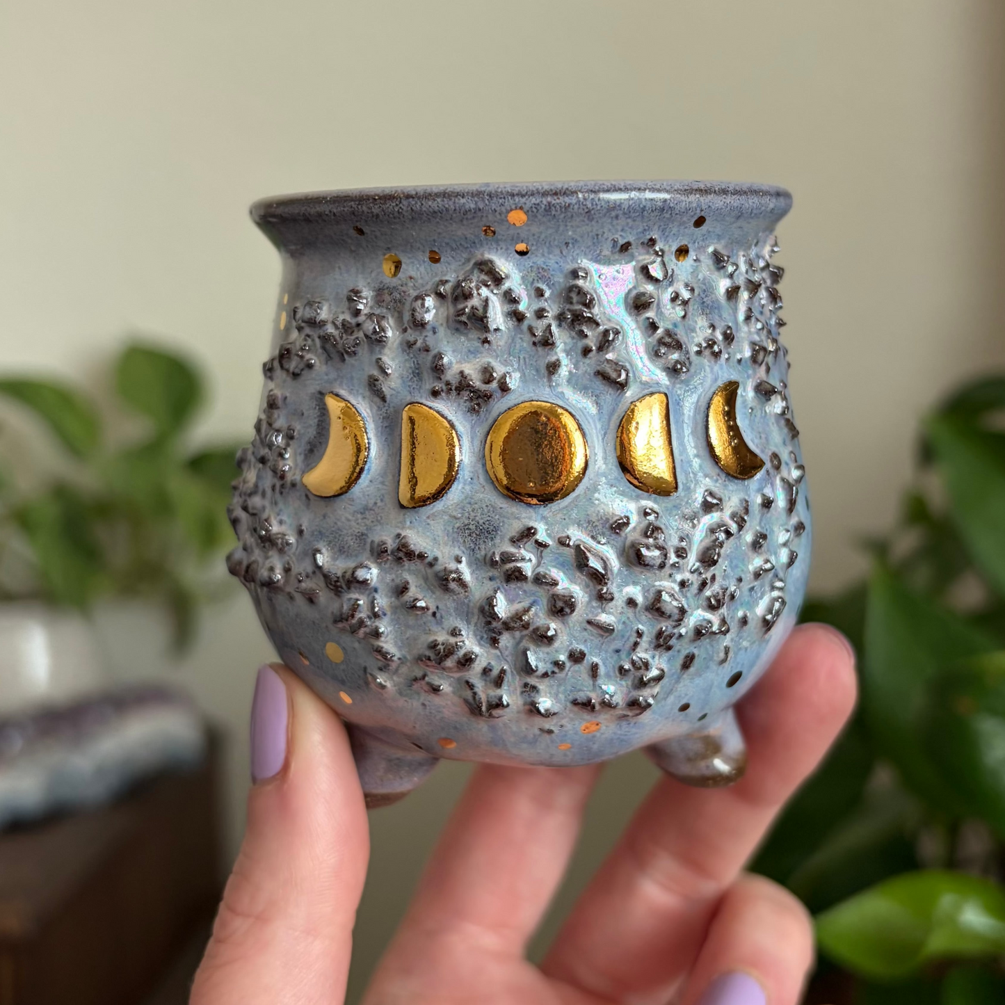 Crystal Moon Phase Mini Ritual Cauldron • Lavender Haze Glaze