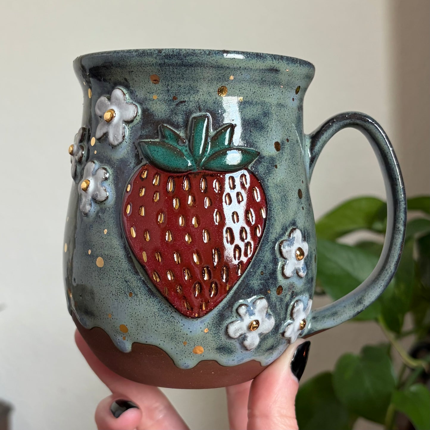 Strawberry + Flowers Mug • Drippy Moody Blue Glaze • 18 fl oz