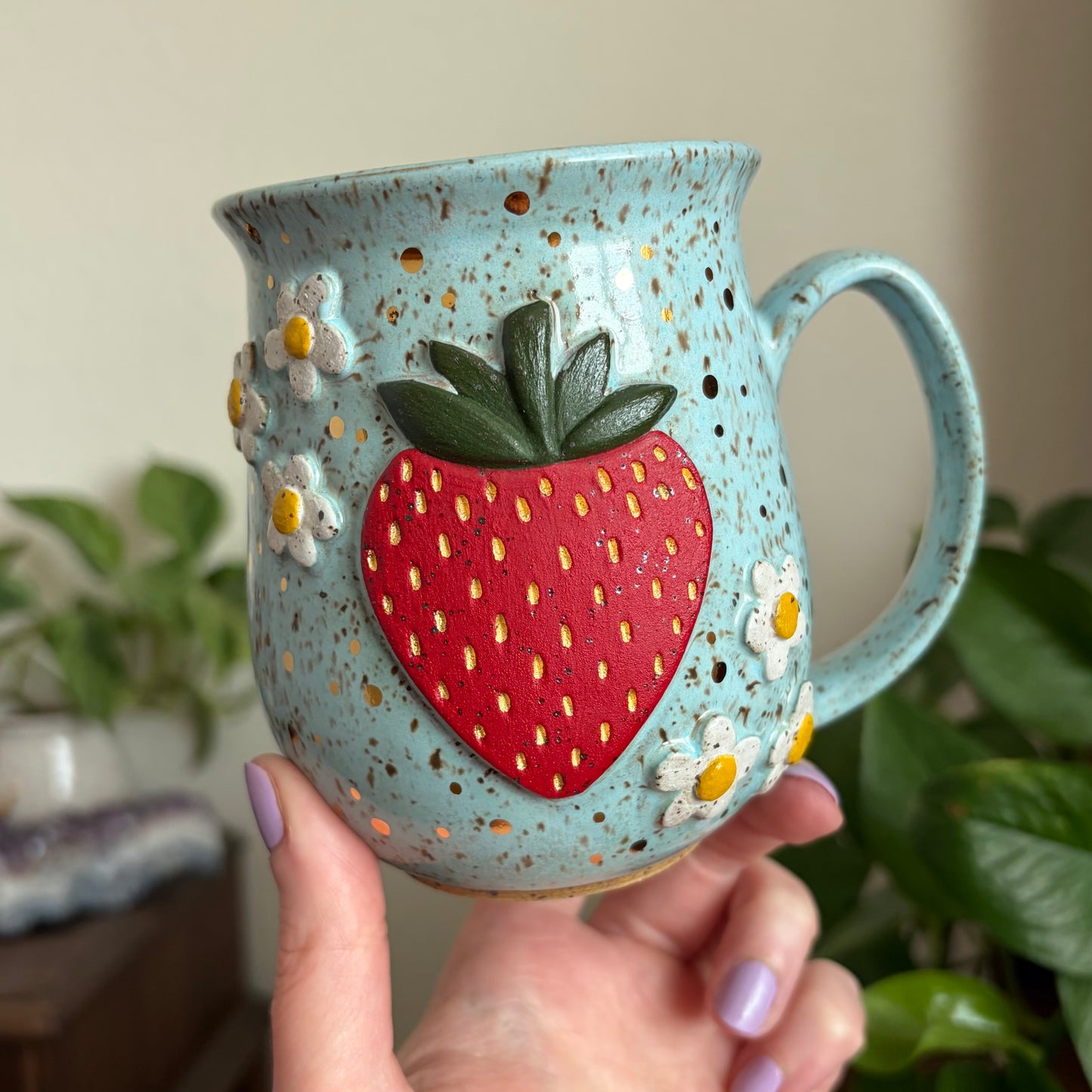 Strawberry + Flowers Mug • Sky Glaze • 15 fl oz