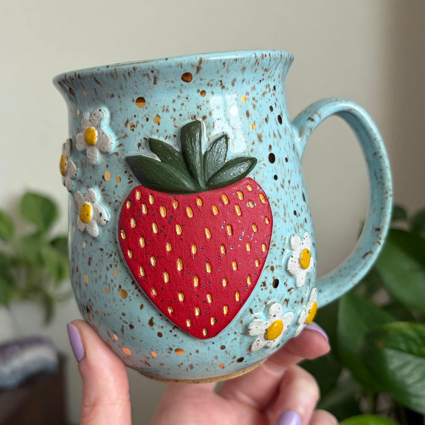 MADE-TO-ORDER • Bright & Cheery Strawberry + Flowers Mug • Bright Blue Glaze *READ FULL DETAILS*