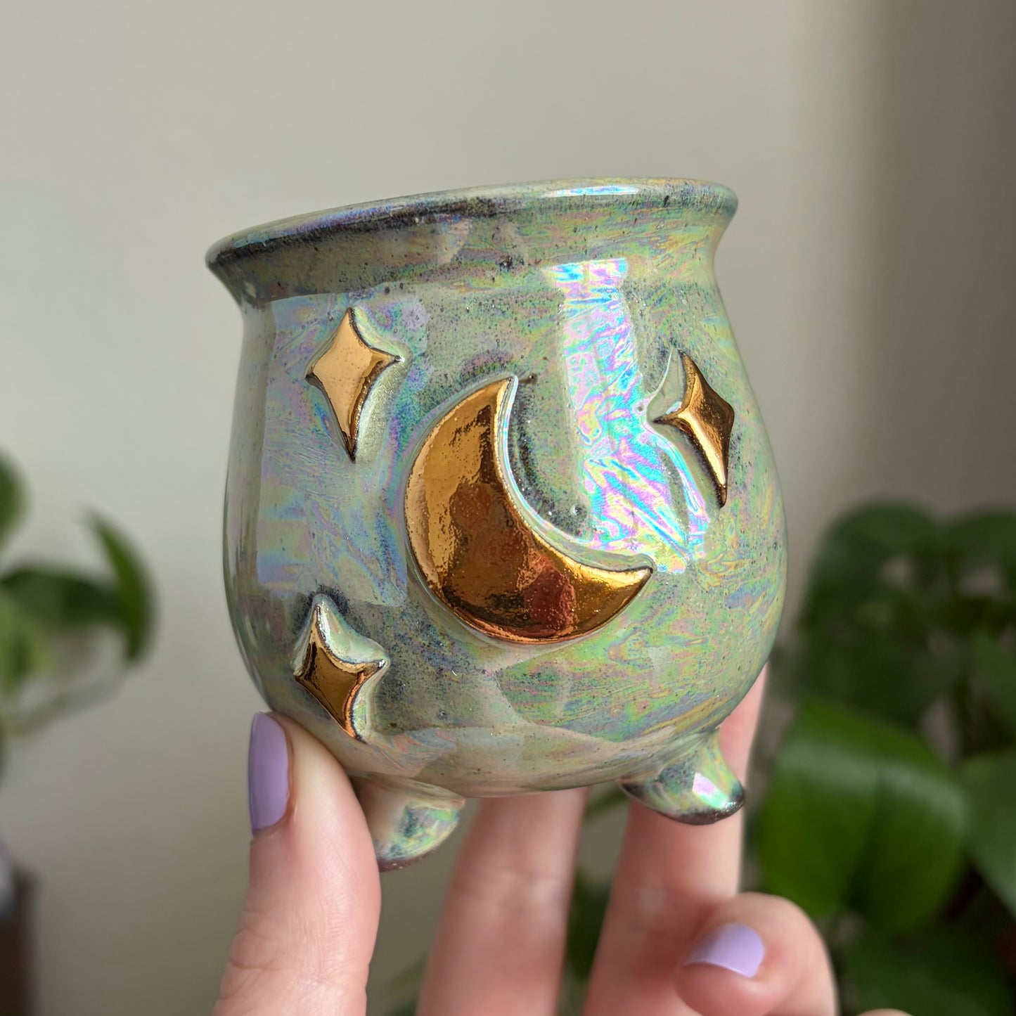 Moon + Stars Mini Ritual Cauldron • Aura Meadow Glaze