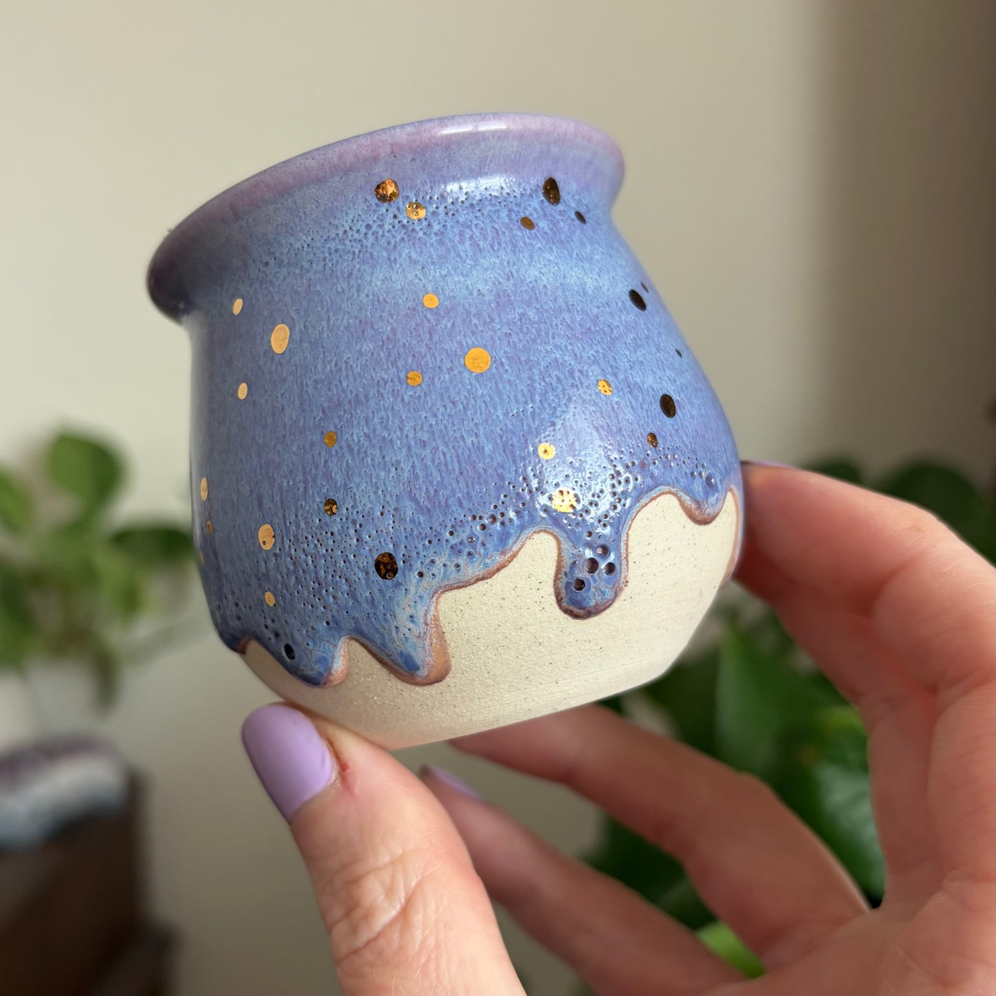 Crescent Moon Mini Planter • Drippy Lavender Haze Glaze • Drainage