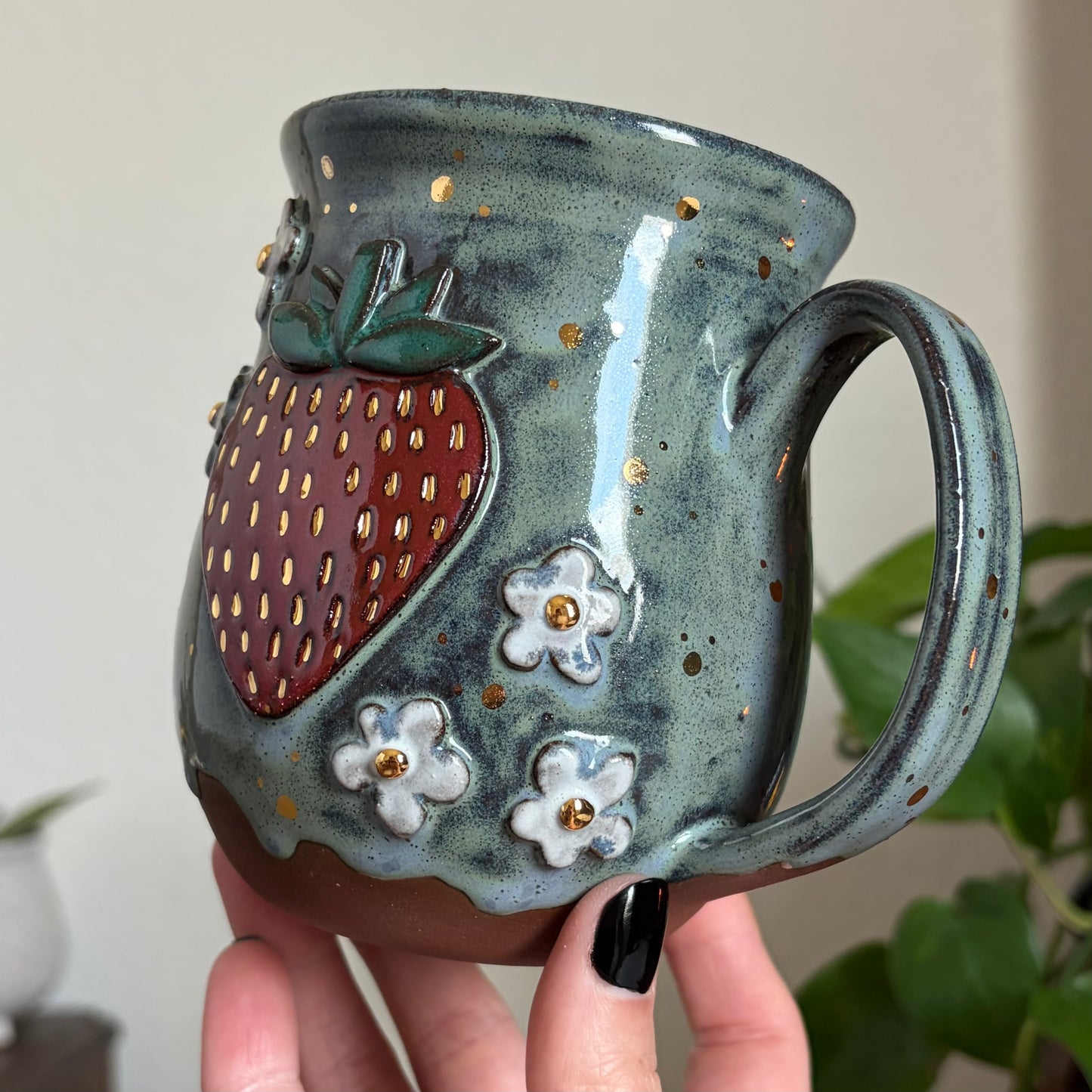 Strawberry + Flowers Mug • Drippy Moody Blue Glaze • 18 fl oz