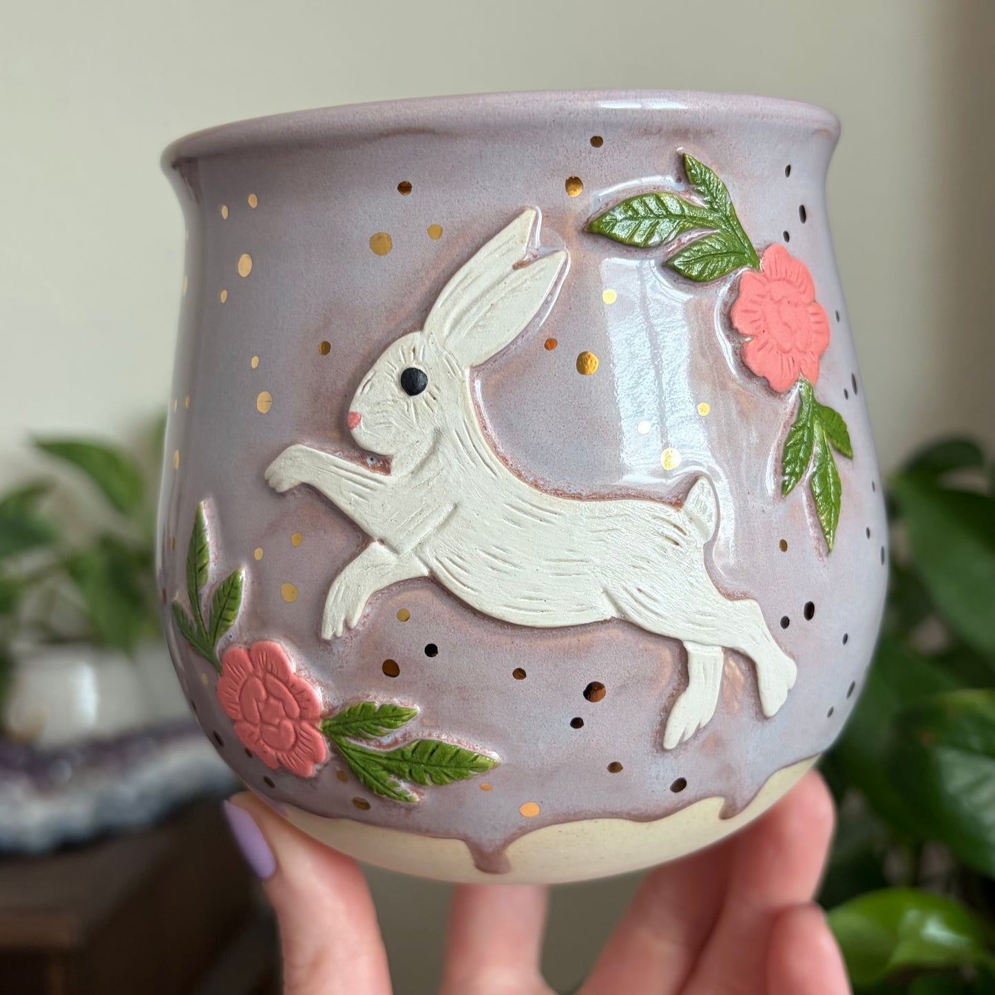 Hare + Peonies Medium Planter • Drippy Lavender Haze Glaze • Drainage