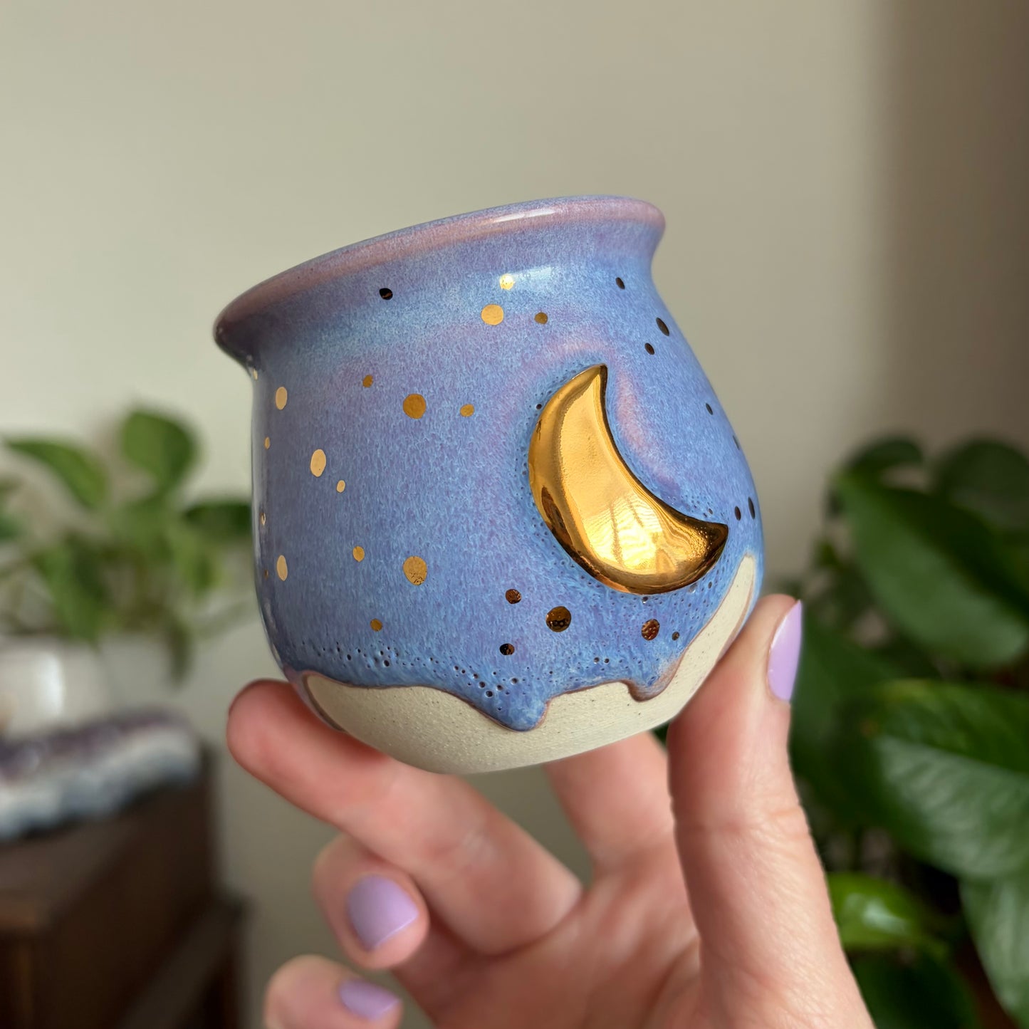 Crescent Moon Mini Planter • Drippy Lavender Haze Glaze • Drainage