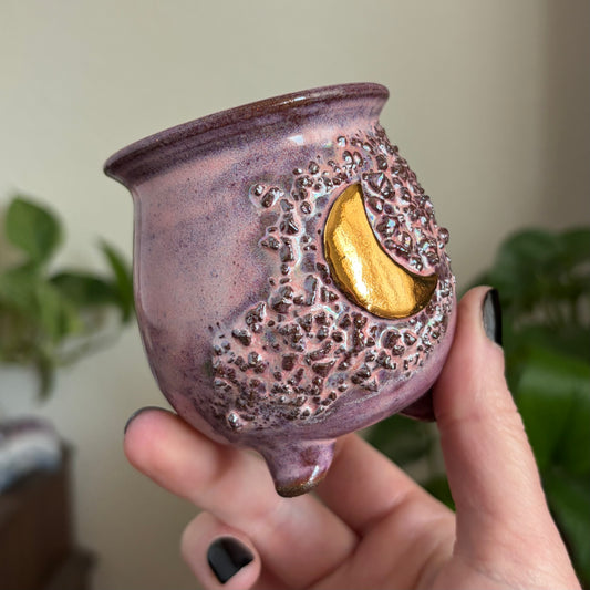 Crystal Crescent Moon Mini Ritual Cauldron • Bubblegum Glaze