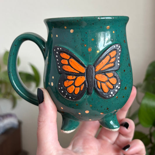 Butterfly + Stars Double Sided Cauldron Mug • Emerald Glaze • 12 fl oz