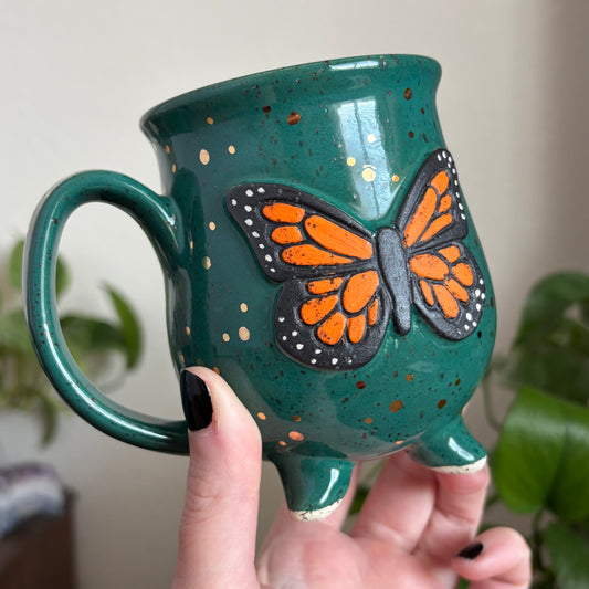 Butterfly + Stars Double Sided Cauldron Mug • Emerald Glaze • 12 fl oz