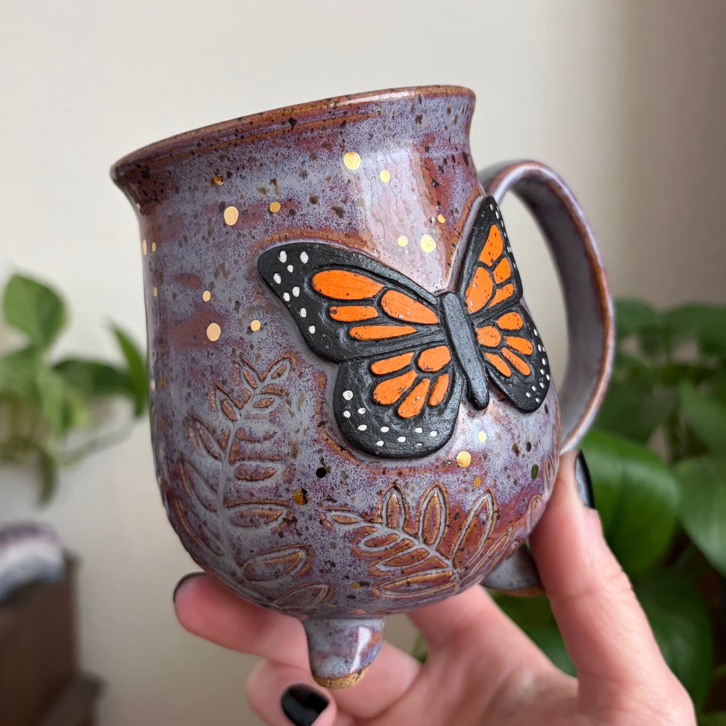 Butterfly + Ferns Cauldron Mug • Déjà Vu Glaze • 15 fl oz