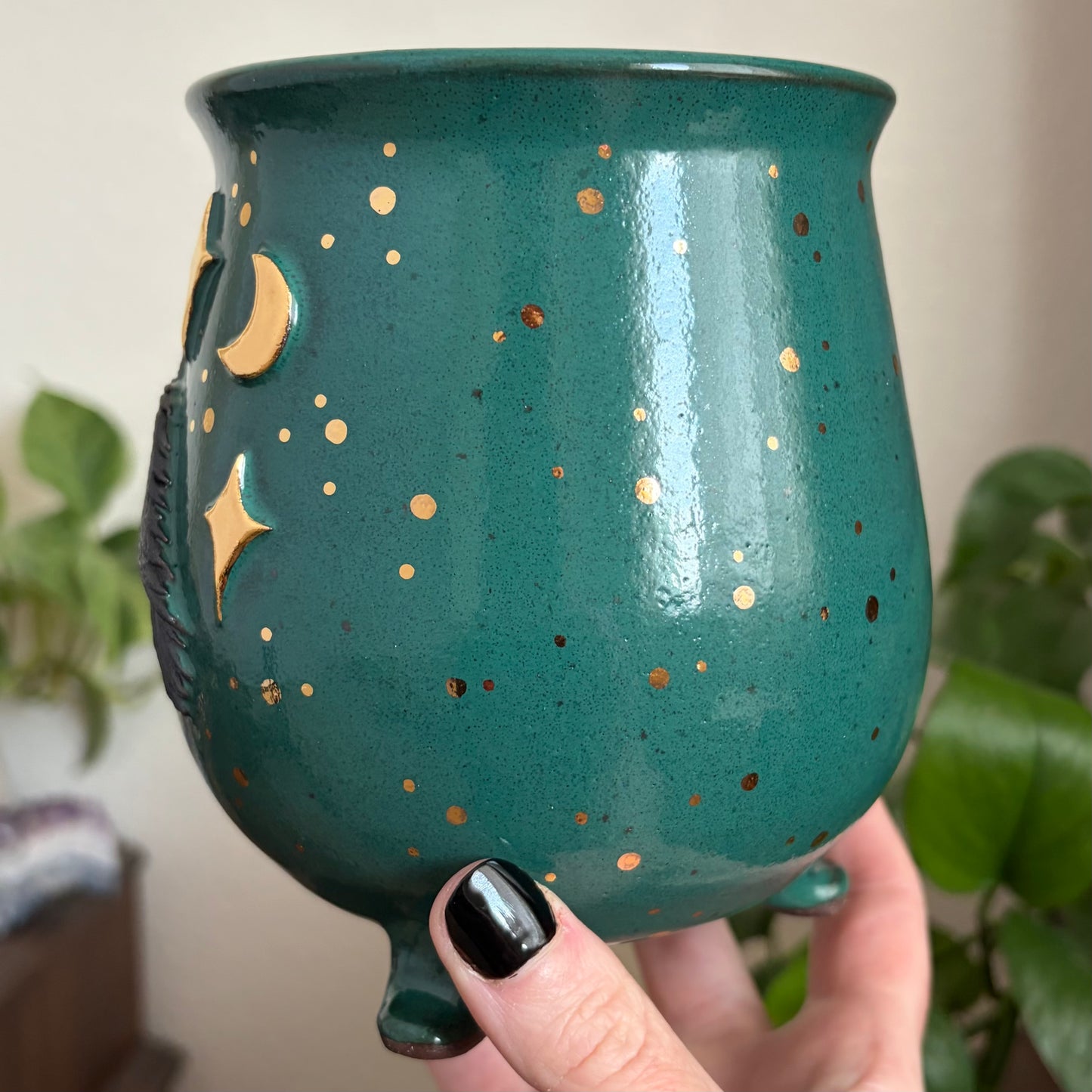 Celestial Raven Cauldron Planter • Emerald Glaze • Drainage