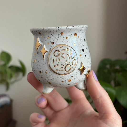 Full Moon + Stars Mini Ritual Cauldron • Snow Glaze