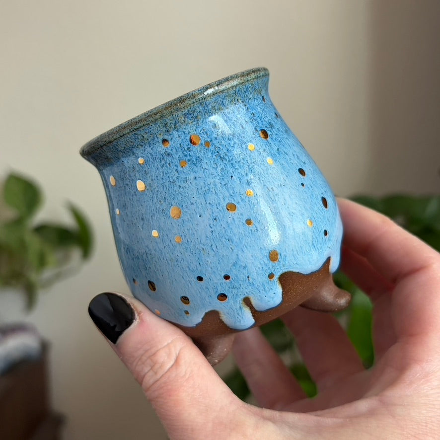 Crescent Moon Mini Ritual Cauldron • Drippy Blue Glaze