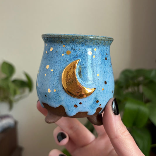 Crescent Moon Mini Ritual Cauldron • Drippy Blue Glaze