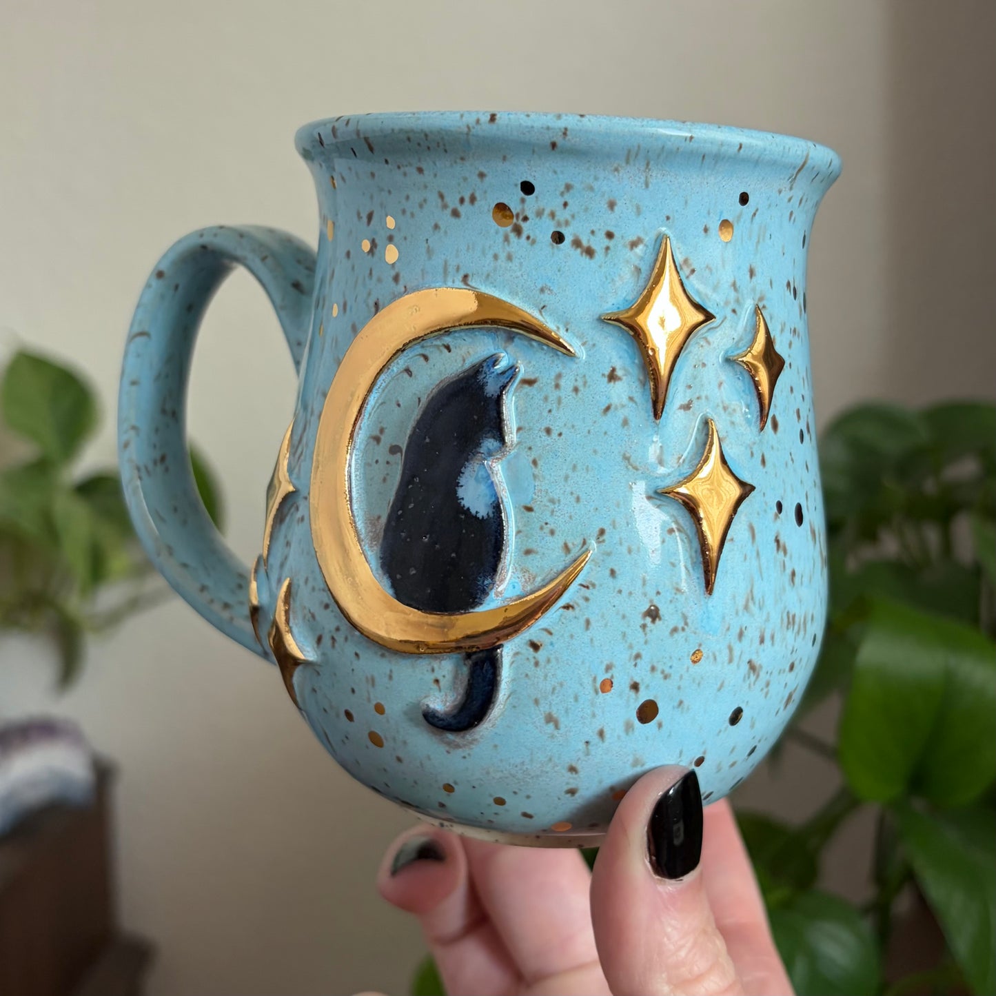 Cat in the Moon + Stars Mug • Sky Glaze • 15 fl oz