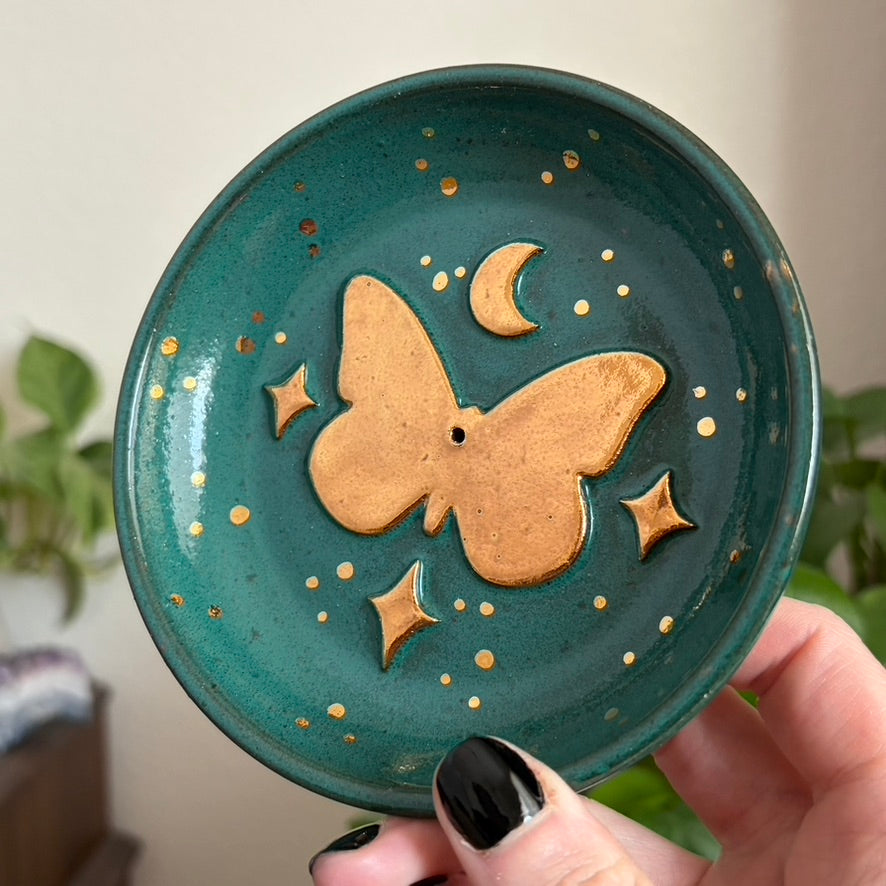 Celestial Golden Butterfly Incense Holder • Emerald Glaze