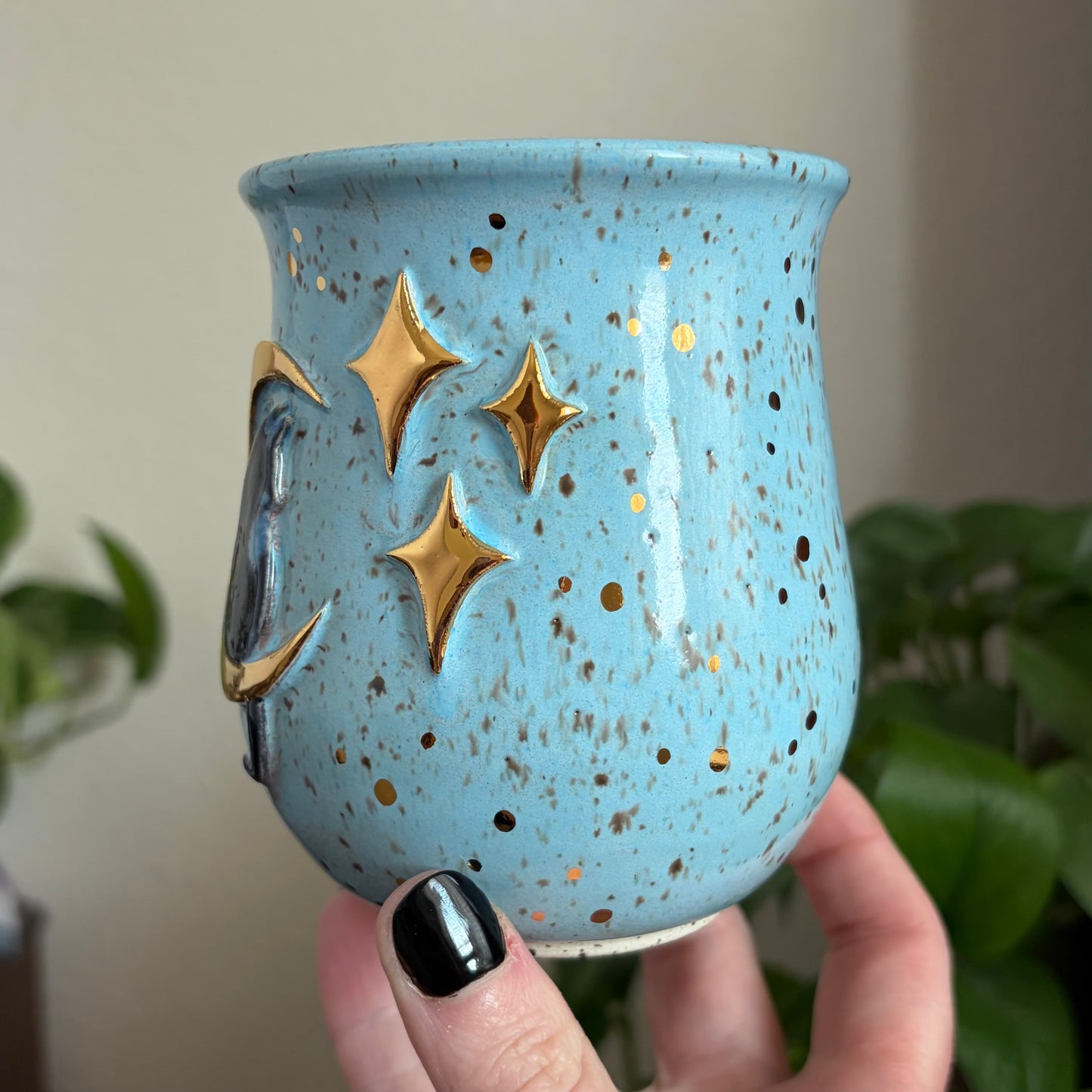 Cat in the Moon + Stars Mug • Sky Glaze • 15 fl oz