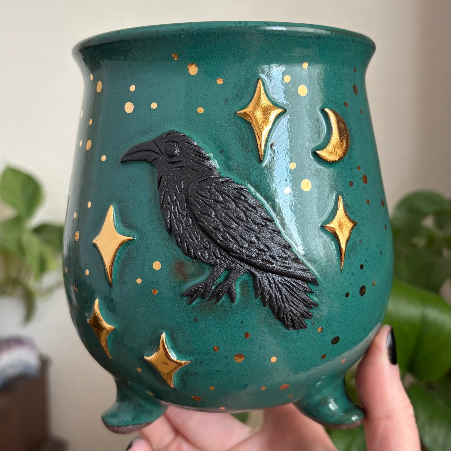 Celestial Raven Cauldron Planter • Emerald Glaze • Drainage