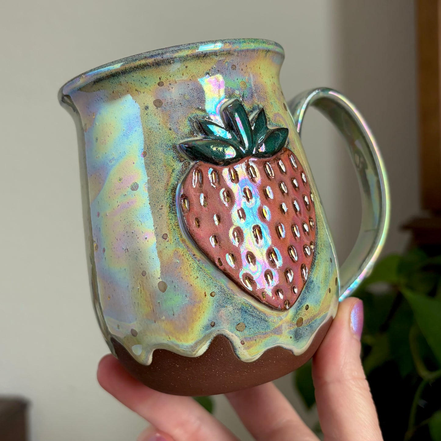Pink Strawberry Mug • Drippy Aura Meadow Glaze • 15 fl oz