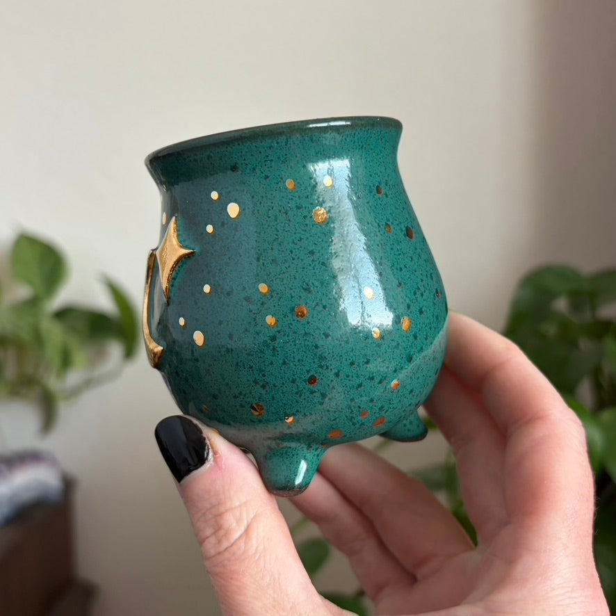 Moon + Star Mini Ritual Cauldron • Emerald Glaze