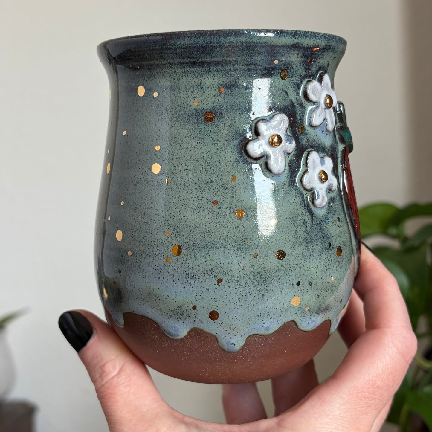 Strawberry + Flowers Mug • Drippy Moody Blue Glaze • 18 fl oz