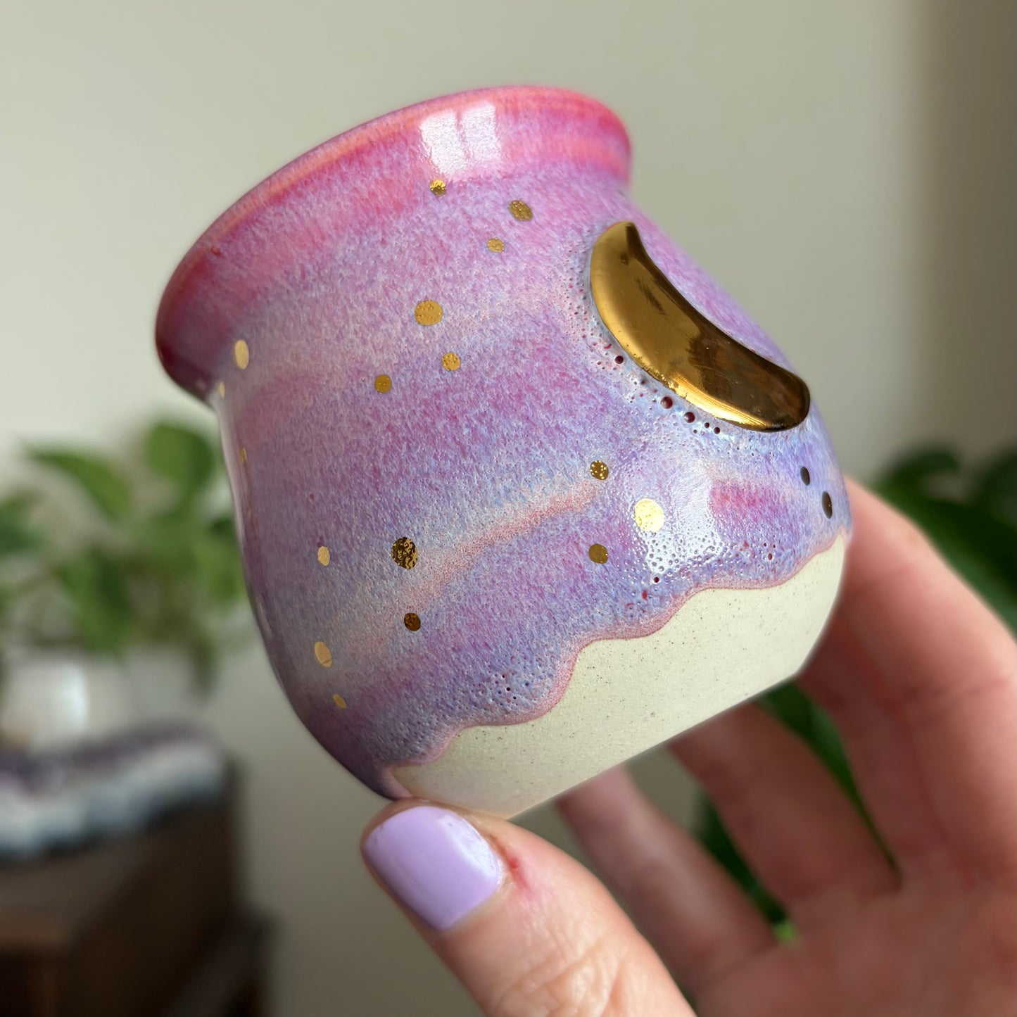 Crescent Moon Mini Planter • Drippy Electric Cosmos Glaze • Drainage