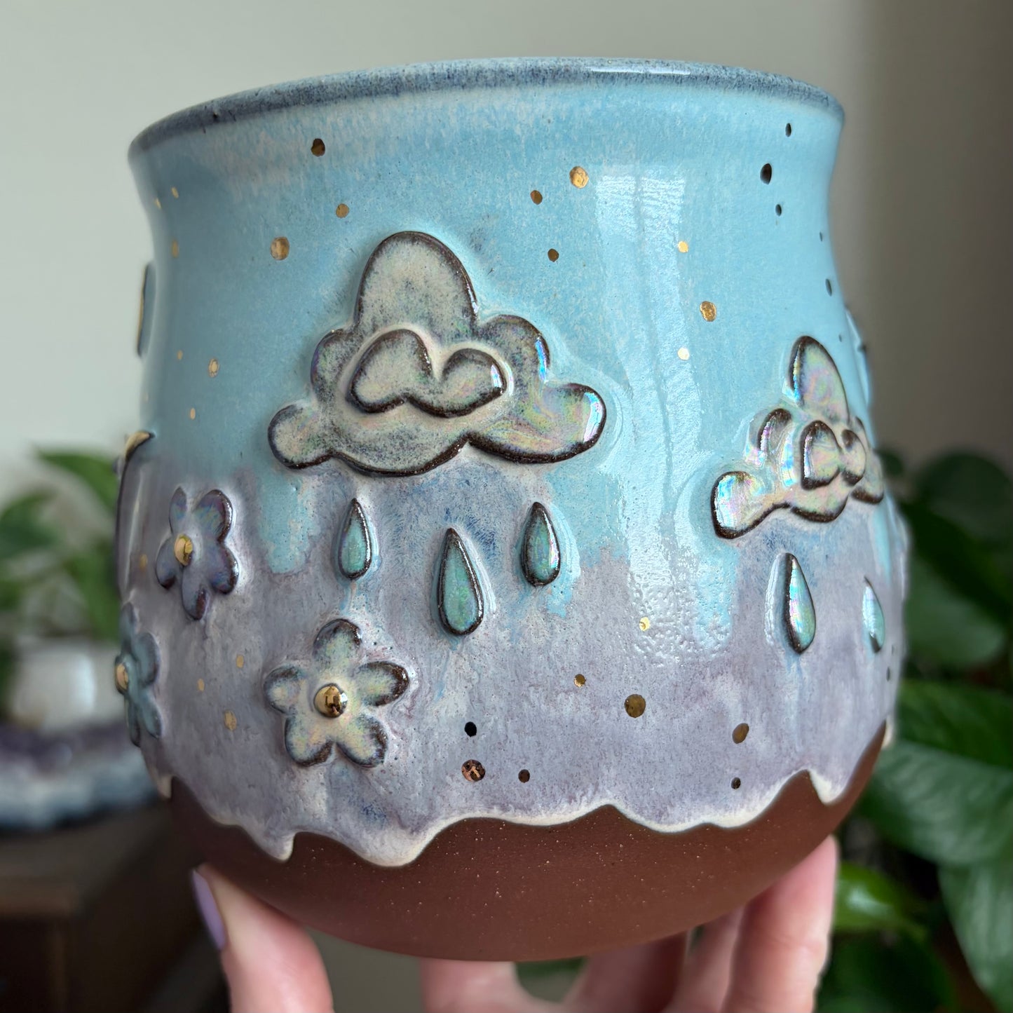 Hummingbird + Rain Clouds Wrap Around Design Large Planter • Drippy Cotton Candy Sky Glaze • Drainage