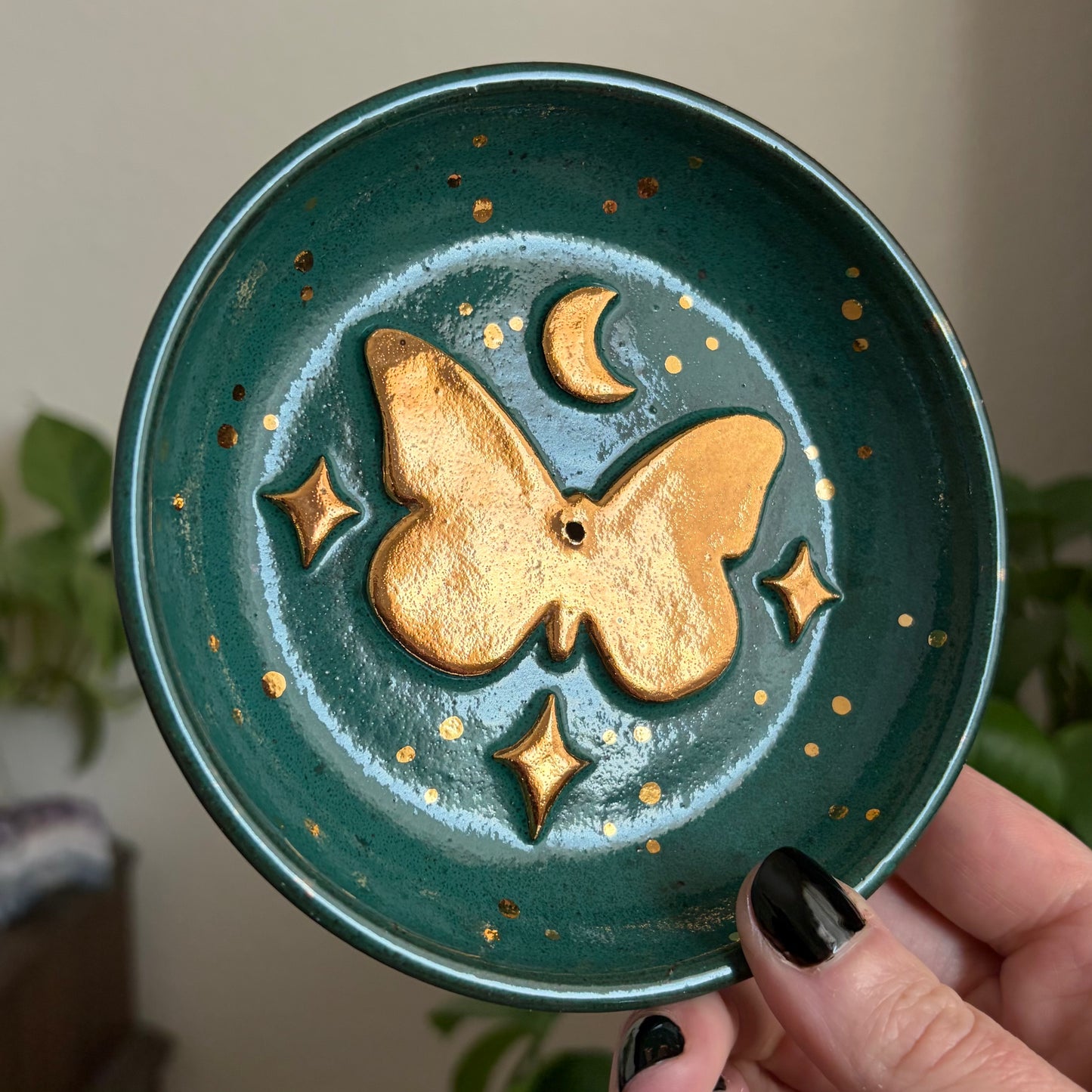 Celestial Golden Butterfly Incense Holder • Emerald Glaze