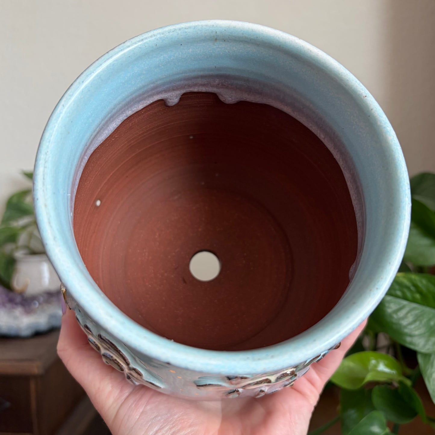 Hummingbird + Rain Clouds Wrap Around Design Large Planter • Drippy Cotton Candy Sky Glaze • Drainage
