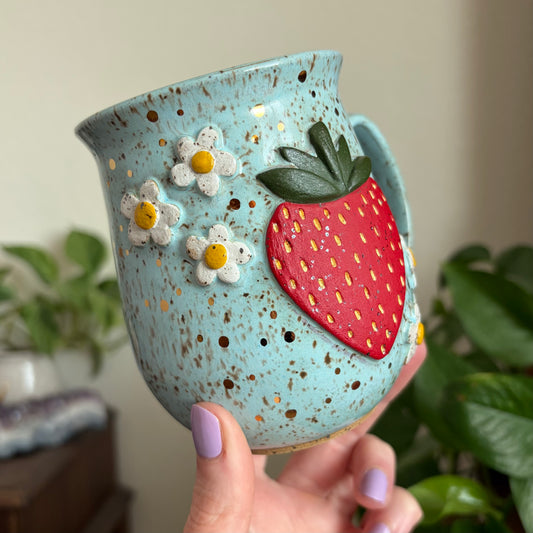 Strawberry + Flowers Mug • Sky Glaze • 15 fl oz