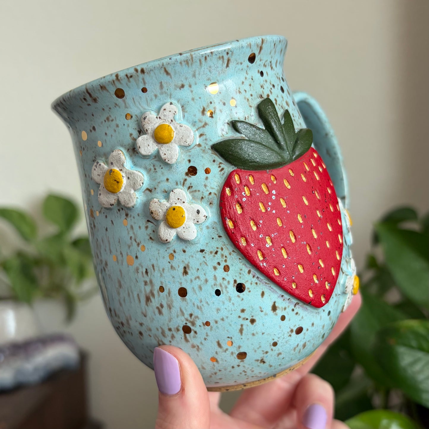 MADE-TO-ORDER • Bright & Cheery Strawberry + Flowers Mug • Bright Blue Glaze *READ FULL DETAILS*