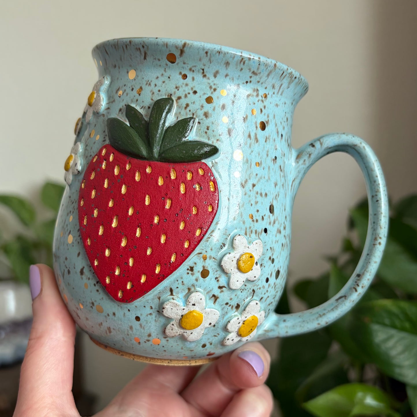 MADE-TO-ORDER • Bright & Cheery Strawberry + Flowers Mug • Bright Blue Glaze *READ FULL DETAILS*